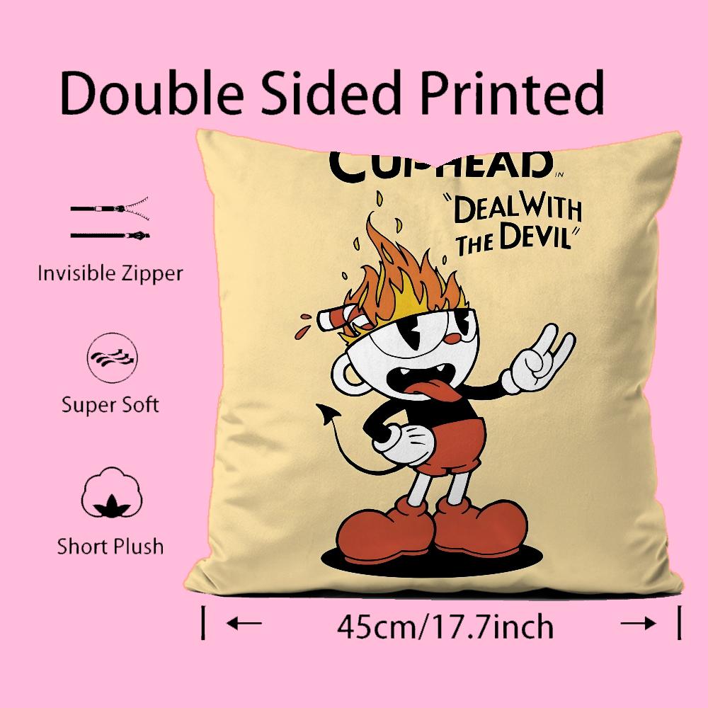 Classic Game Cuphead Cute Pillow Case Anti-Dustmite Pillowcase Invisible Zipper Silky Short Plush Sofa Cushion Cover