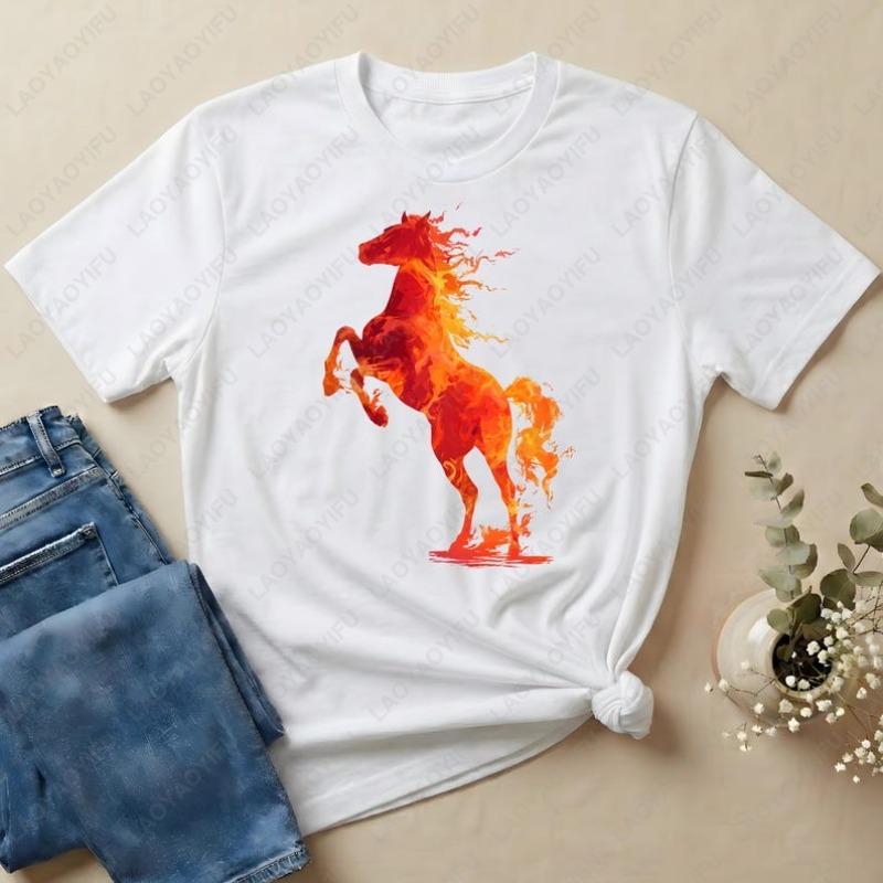 Jahr des Feuerpferdes 2026 Frohes Chinesisches Neujahr Unisex Baumwoll-T-Shirts Grunge Y2K Feuerpferd Grafik-T-Shirt Ästhetische Streetwear