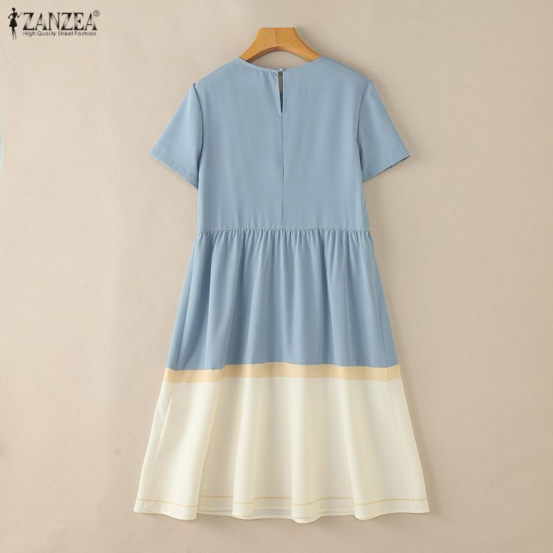 ZANZEA Women Casual Round Neck Loose Short Sleeve Patchwork Dress