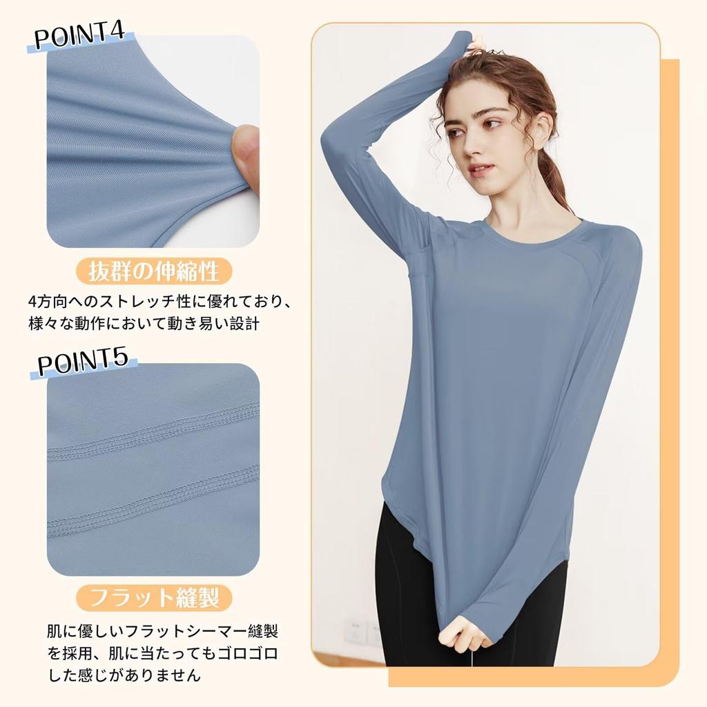 THREEGUN Yoga Long with Thumb Size M Women's Loose-Fit T-Shirt, Sleeve, Holes, Stretch, Cooling, Quick-Drying, (Blue)