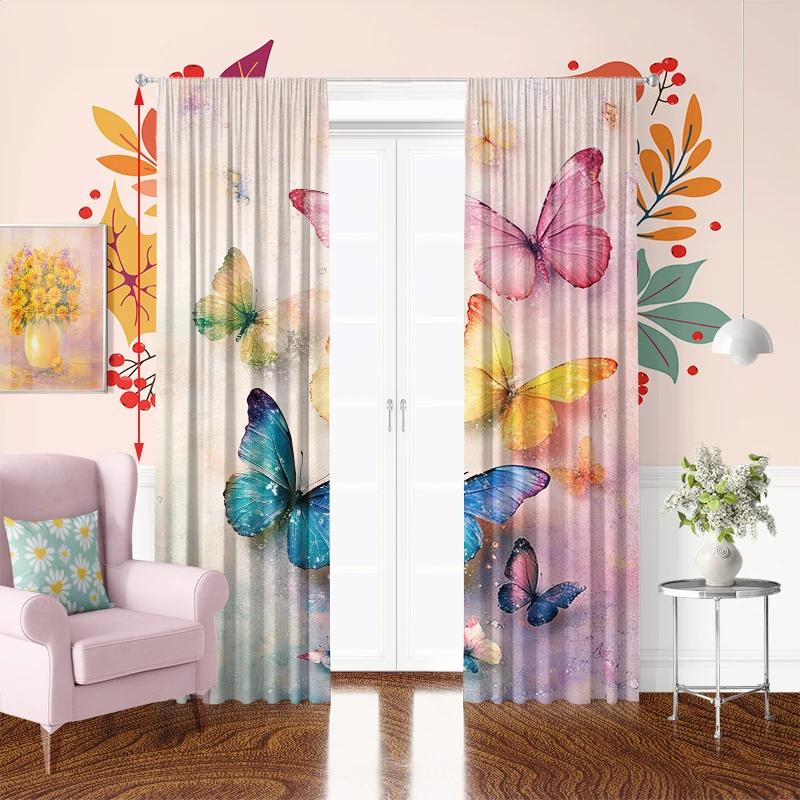 2Pcs- Colorful Butterfly - Printed Curtain -100% Polyester Material   Suitable for Bedroom Curtains and Living Room Decoration.