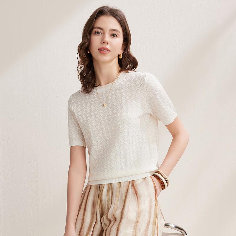 Zhaojun Damen-Jacquard-Strick-T-Shirt aus Seidenmischung mit Hahnentrittmuster