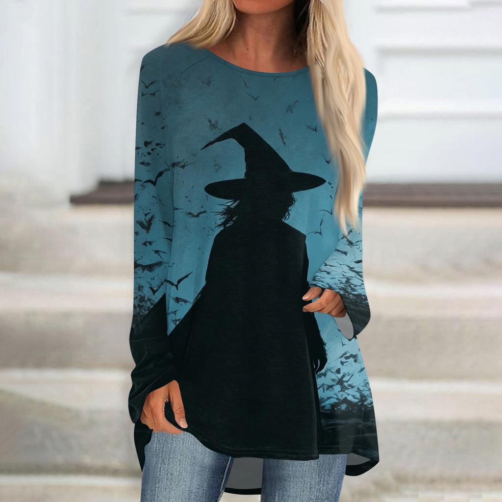 Women's Halloween Printed Long Sleeve Round Neck T-Shirt Mid-Length Casual Top