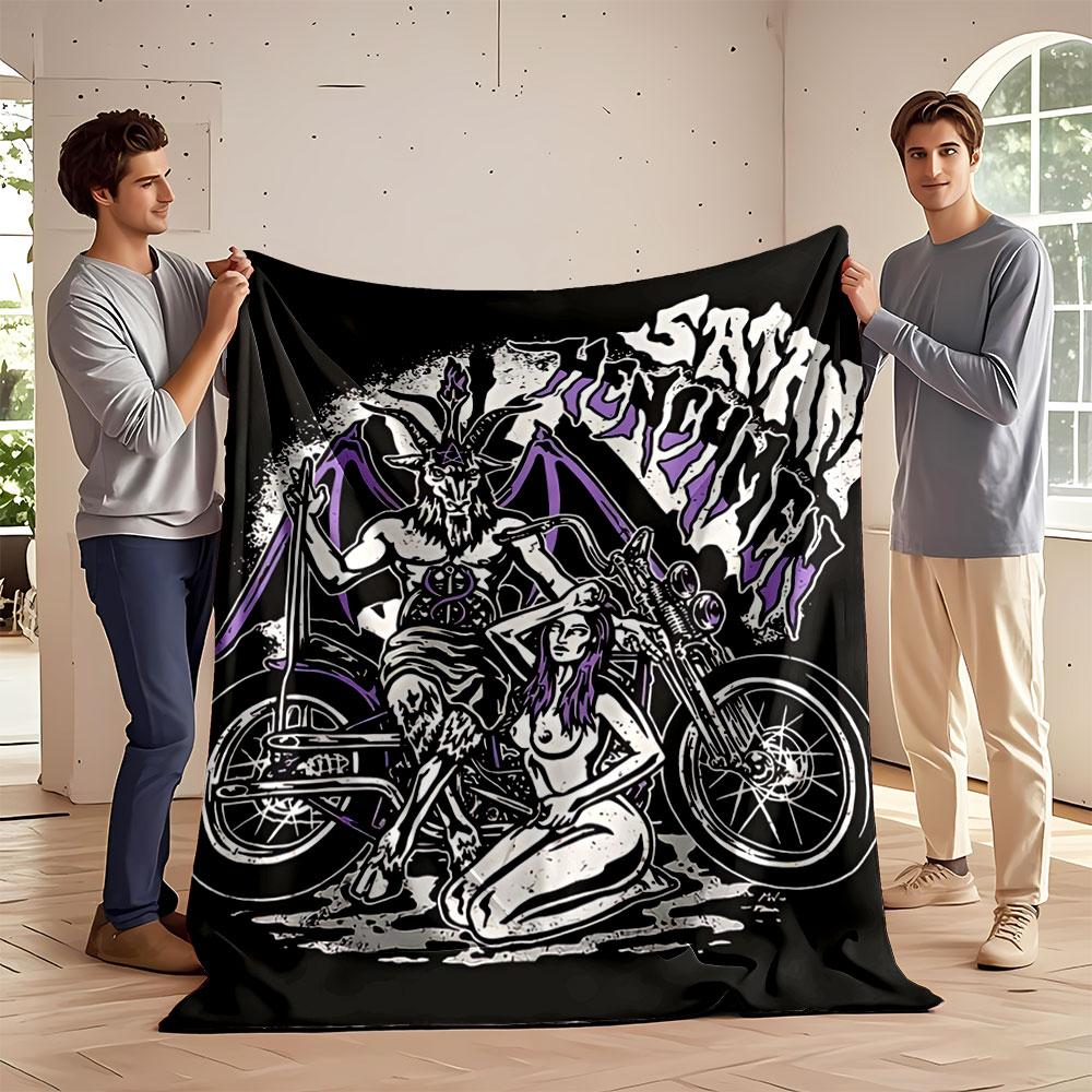 A goat-headed figure with wings and a seated woman beside a motorcycle. for all seasons blanket lunch break throw gift
