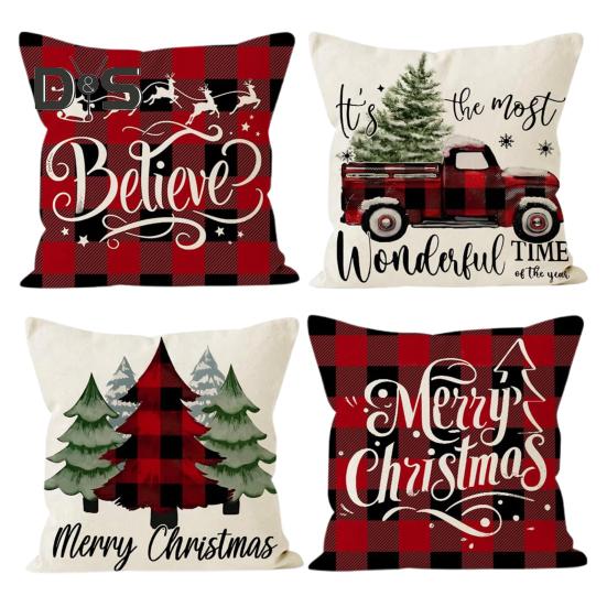 

4 шт. Різдвяні декоративні наволочки. Барвистий мультиплікаційний друк квадратної форми. Фермерський будинок. Спальня. Офіс. Вітальня. Диван. Прикраса. Наволочка. Наволочка. E