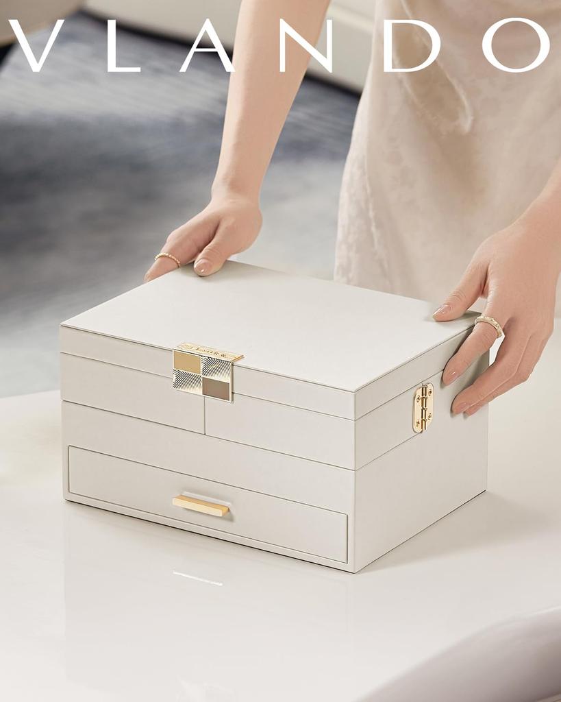 Vlando Jewelry Large with Drawer Tray and Rotating Tray for and Jewelry Accessory Gift for and Women Box, Capacity, Three-Tier, Necklaces, Rings,
