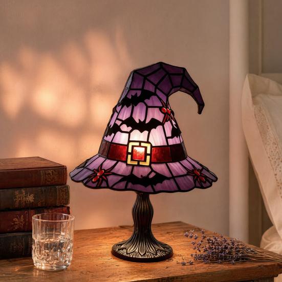 Lampa v podobě čarodějnického klobouku z vitráže, Ručně vyráběná retro pryskyřičná čarodějnická lampa, Gotická noční lampa v podobě čarodějnických klobouků napájená přes USB, Halloweenská dekorace do domácnosti