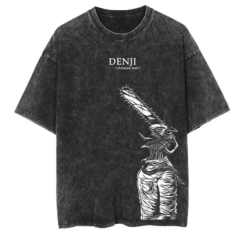 Nouveau T-shirt de haute qualité Chainsaw Man Anime pour hommes et femmes en coton avec impression lavée vintage Streetwear Rétro Hauts de Sport Fitness