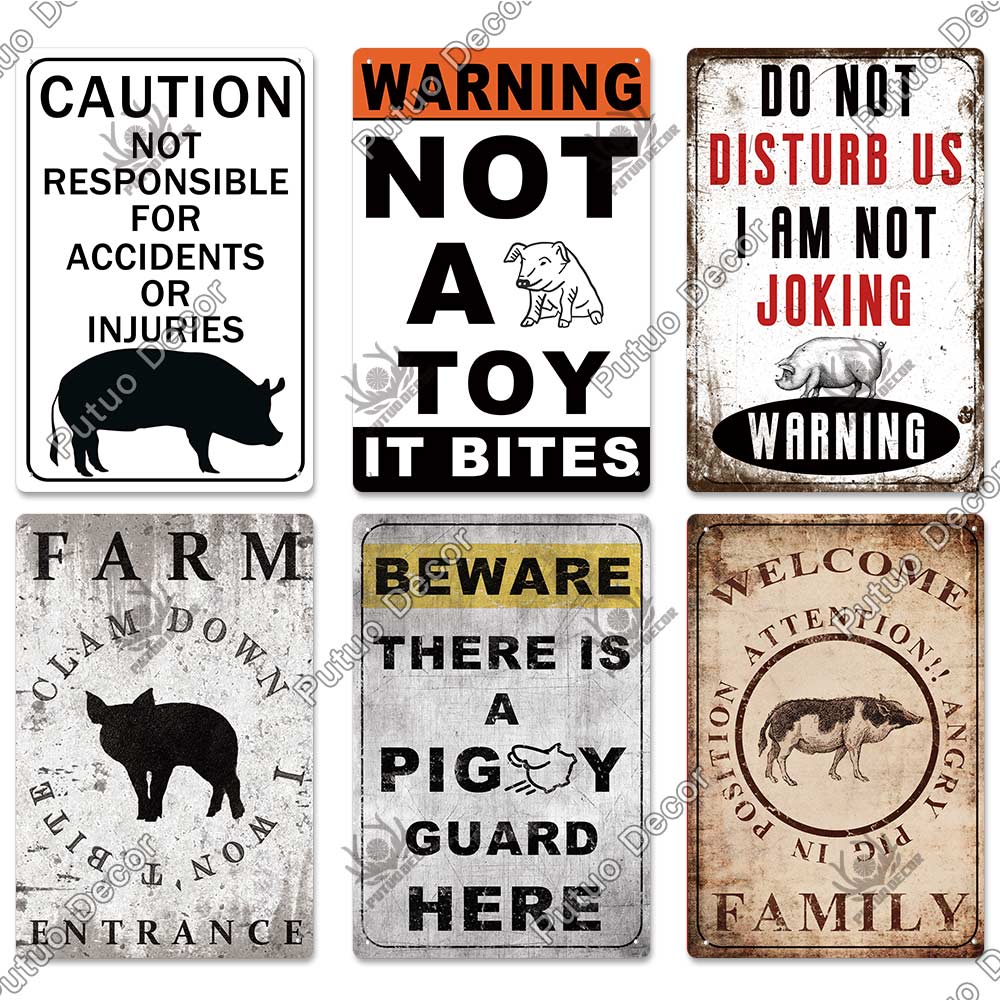 Putuo Decor Warning Tin Sign Vintage Metal Sign Pig Caution Plate Warning Decorative for Zoo Piggy Farm House Wall Decor