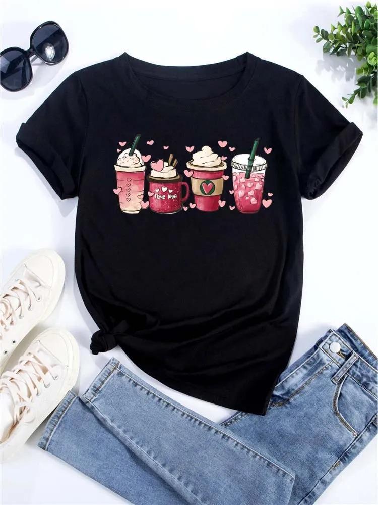 Womens Loose Tshirt Korean Style Fashionable Coffee Cup Print Pattern Womens Valentines Day Top Lovers Tshirt Tops S