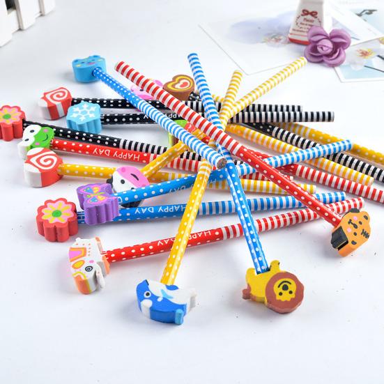 20/30/40 Pcs Assorted Stripe Colored Pencils with Cartoon Animal Eraser Toppers Kids Wooden Pencils for School Supplies