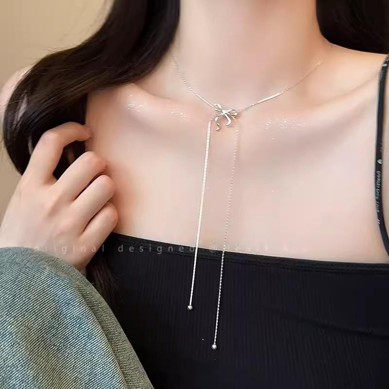 Silver Bow Tassel Pull-Out Necklace: 2025 Trendy & Elegant Clavicle Chain