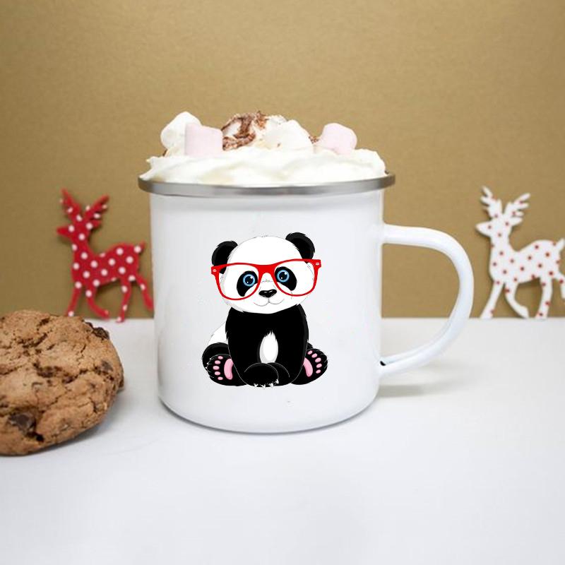 Cute Panda Print Enamel Mug Creative Coffee Tea Water Cup Stainless Steel Mug Kawaii Cofee Cups To Sublimate Drinkware Friends