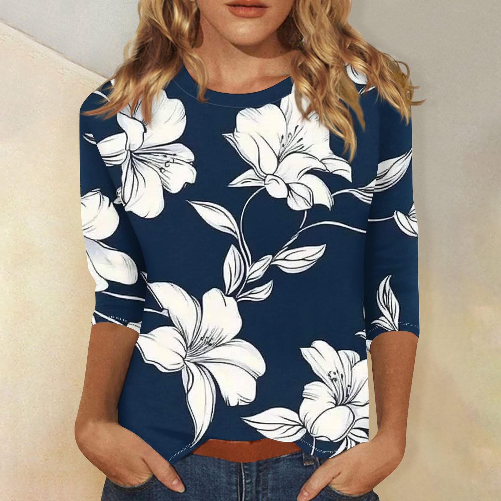 

Женская мода повседневный топ с рукавом три четверти с цветочным принтом и круглым вырезом L