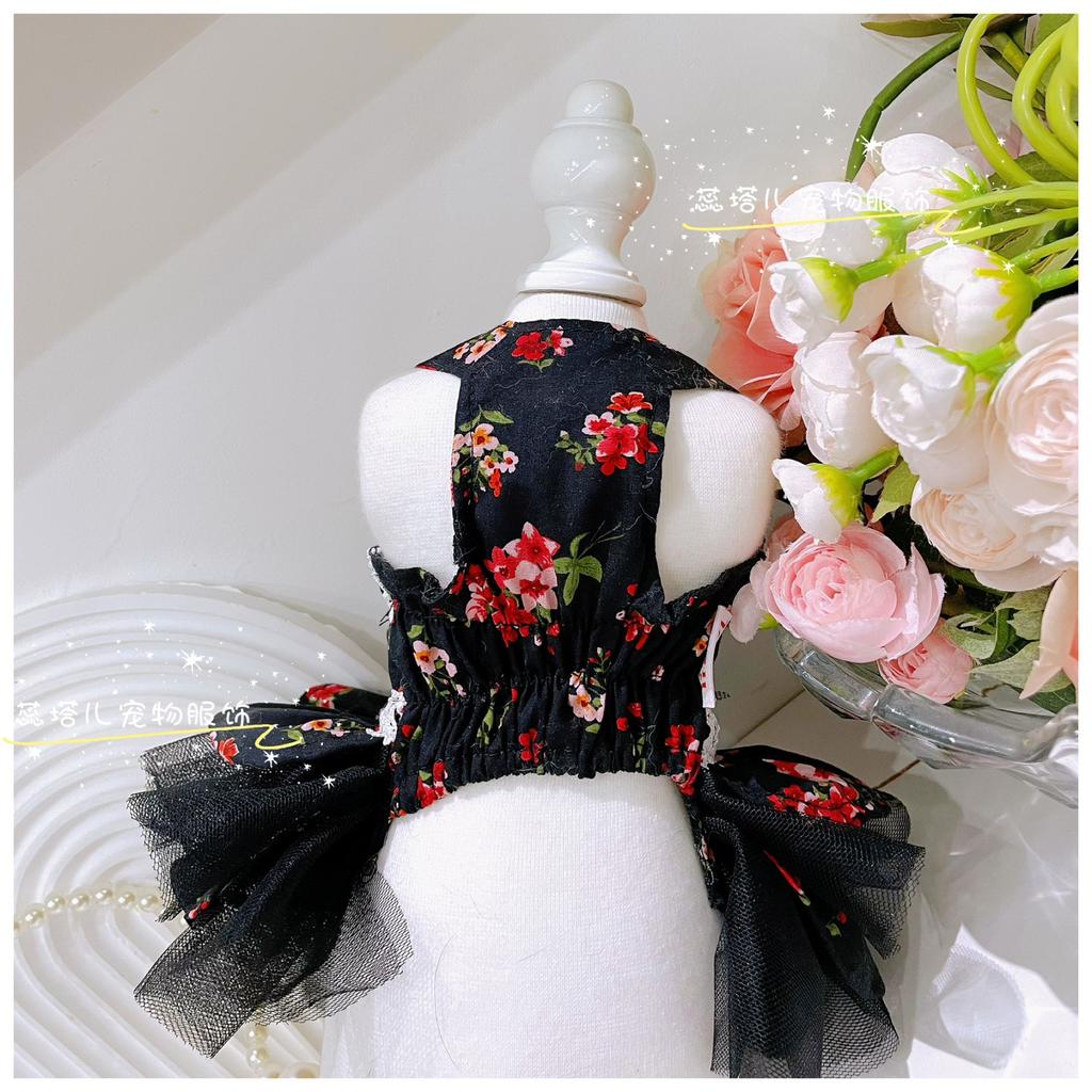 Lovely Puppy Dog Clothing Retro Chic Red Floral Print Lace Bow Black Princess Dress For Small Medium Dog Poodle Pet Dog Clothes