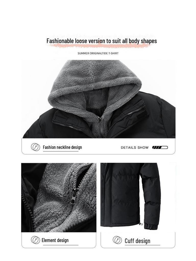 Men's Winter Hooded Faux Two-Piece Fleece Cotton Jacket - Thick and Warm