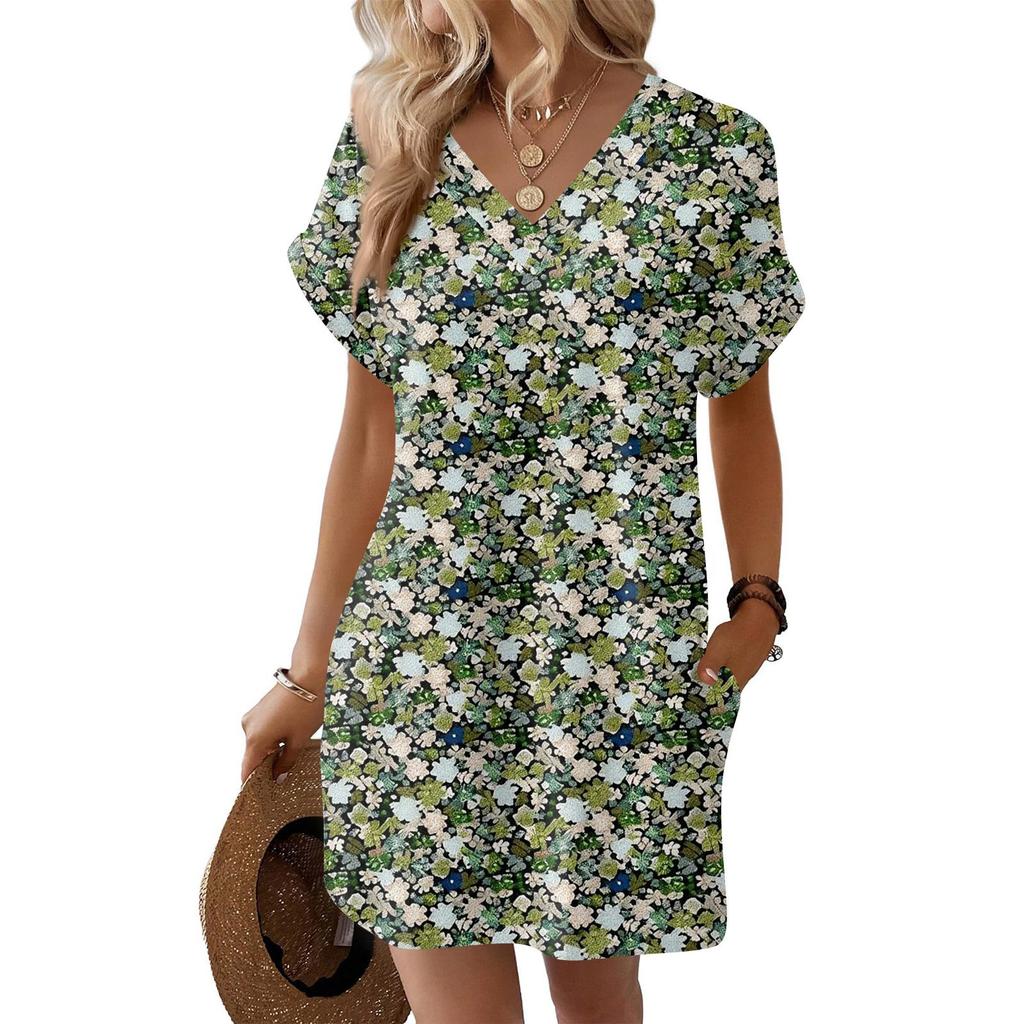 Short Sleeve Women's Dress Casual Dresses With Pockets V Neck Vocation Boho Beach Sundress