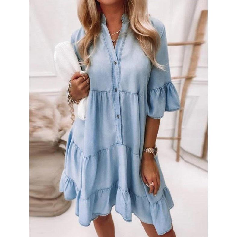 

Women Solid Color Mid Sleeves Ruffle Shirt Dress A-line Pattern Above Knee Stand Collar Cotton Denim Daily Clothe Plus Size XXXL синий