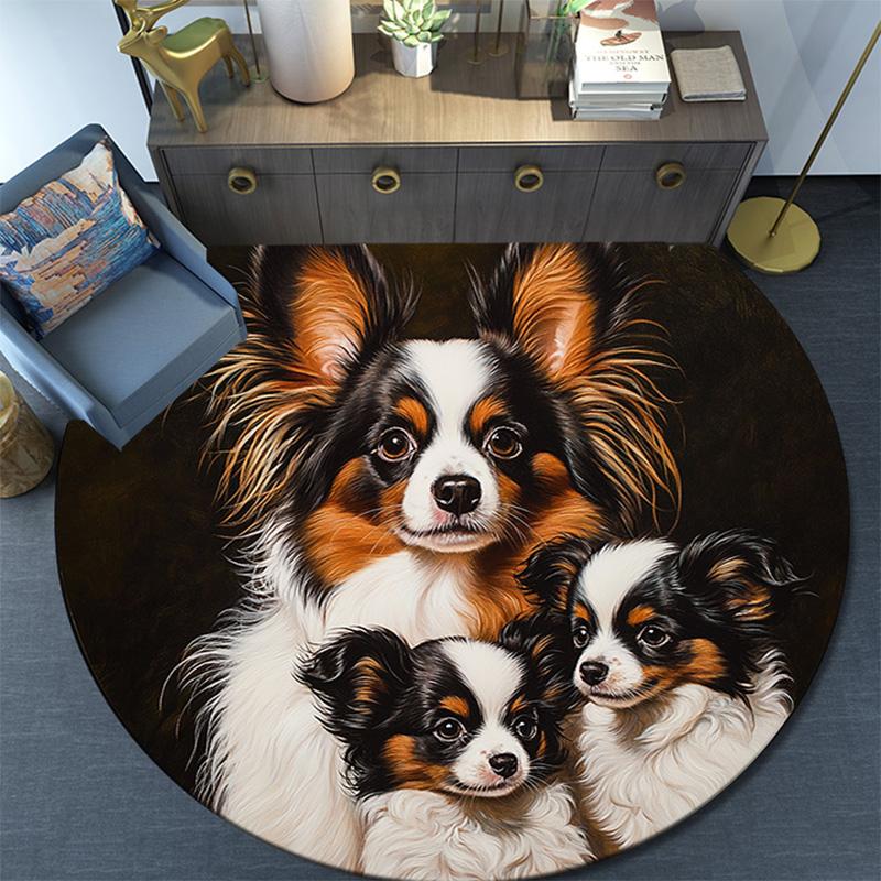Papillon Dog Round Area Rug,Carpet Rug for Living Room Bedroom Sofa Playroom Decor,Non-slip Floor Mat