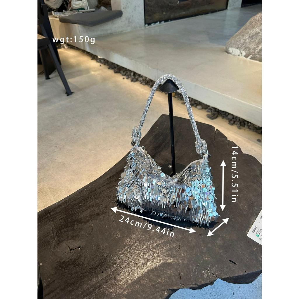 Vintage Silver Sequined Bag Glitter Fringed Portable Vintage Messenger Chain Shoulder Bag Women's Small Bag Dinner Bag