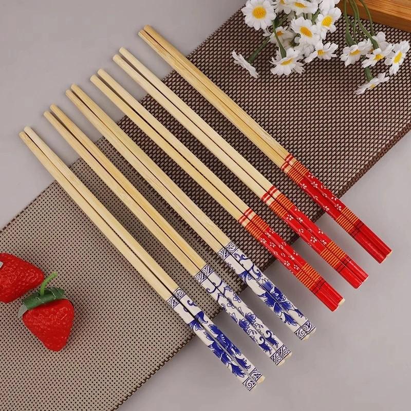 

50 Pairs Blue and White Porcelain Style Disposable Chopsticks with Red Flower Design, Individually Packaged for Home or Takeaway