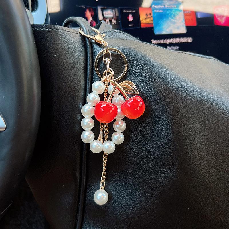 Yogodlns Acrylic Cherry Bag Charm With Imitation Pearl Bead Chain Mini Eiffel Tower Metal Pendant Gold Leaf Keychain Handbag Accessory