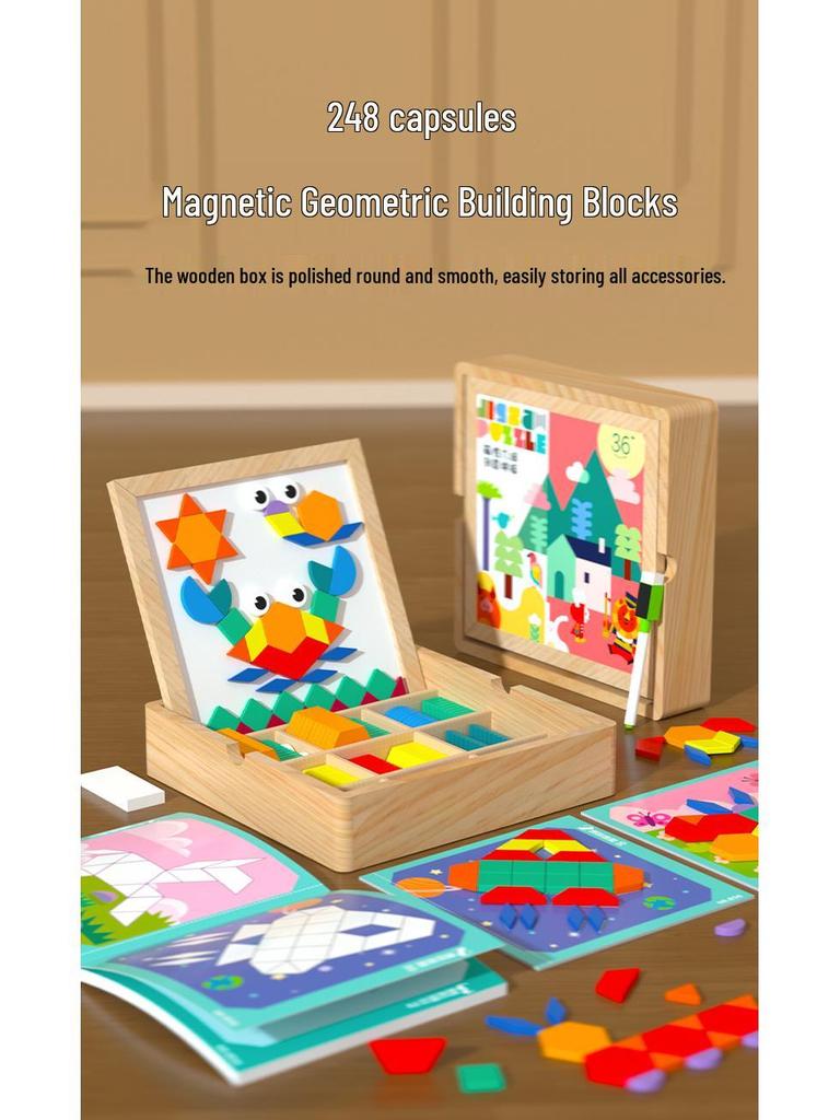 Double-Sided Wooden Magnetic Puzzle & Drawing Board: Tangram & Geometric Building Blocks for Kids' Education