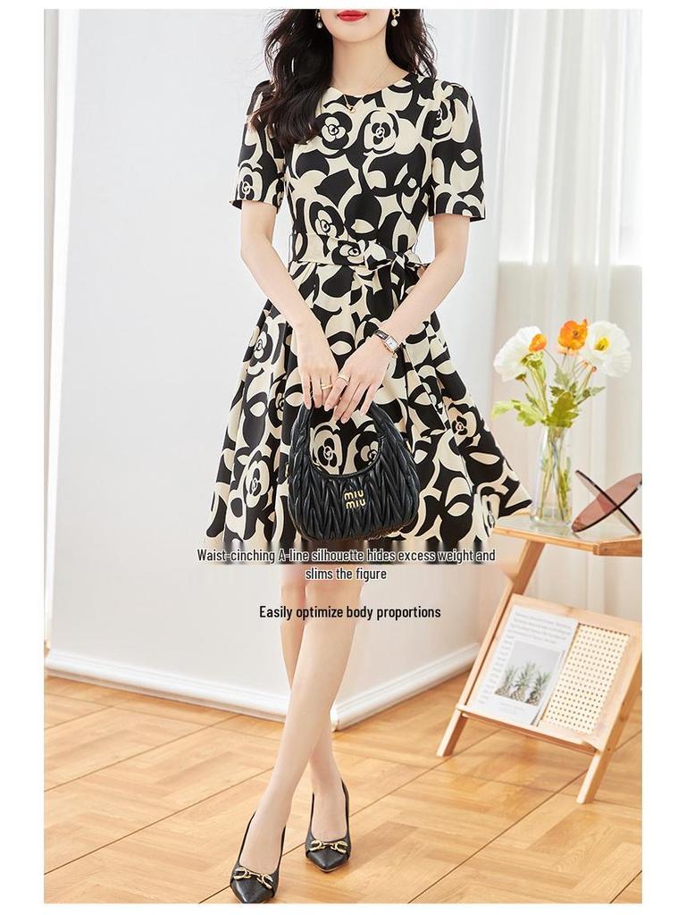 Light Luxury Camellia Print High Waist Slimming Dress