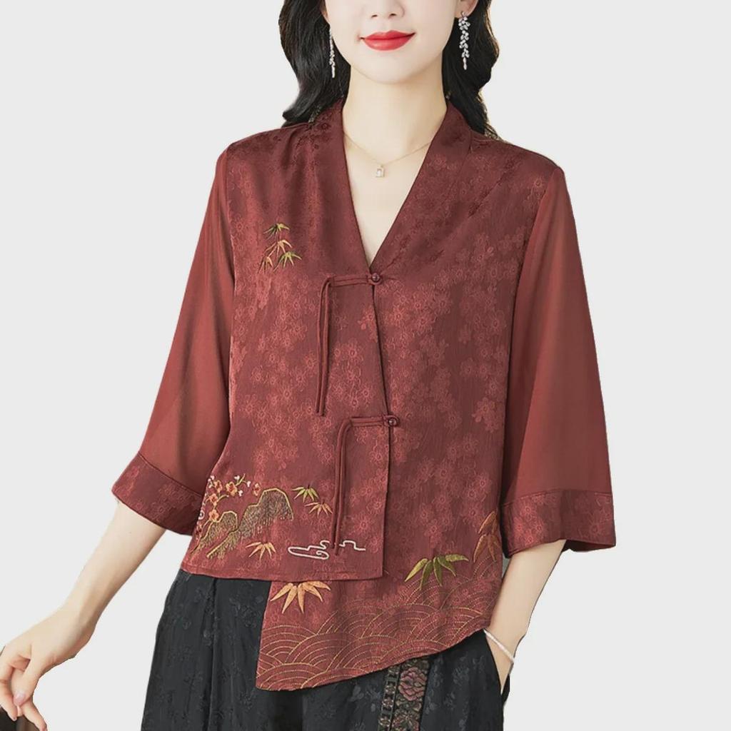 2024 Spring Women's Embroidered Buttoned Top - Irregular Design, Three-Quarter Sleeves