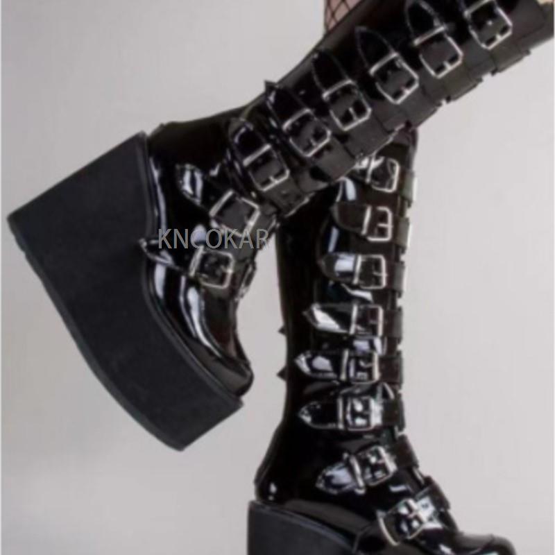 Black Pink Platform Boots Gothic 2YK Boots Lady Buckle Autumn Shoes Women Knee High Boots Punk Street Cosplay Boots