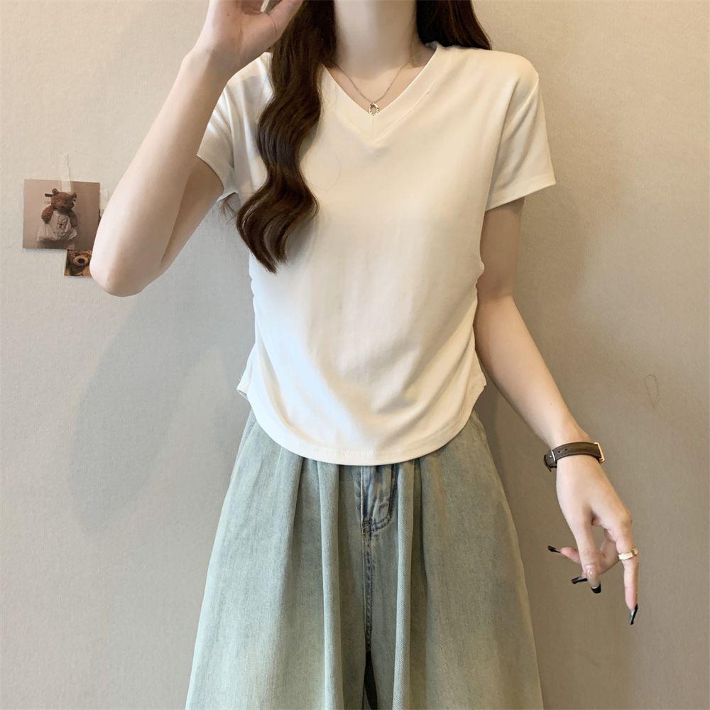 Korean Style Slimming Summer V-Neck Ruched Waist Short Sleeve T-Shirt for Women