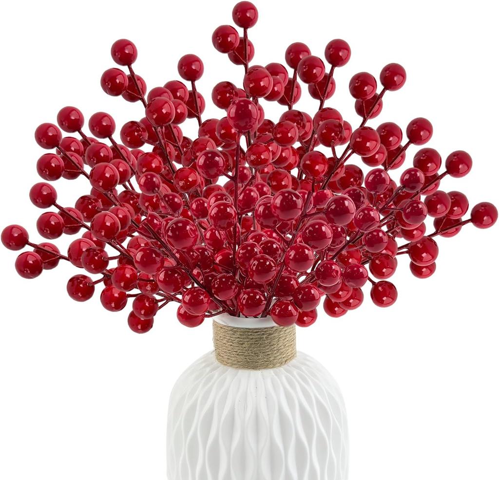 40pcs Red Faux Holly Berries Branches for Christmas Tree Wreath DIY Decor