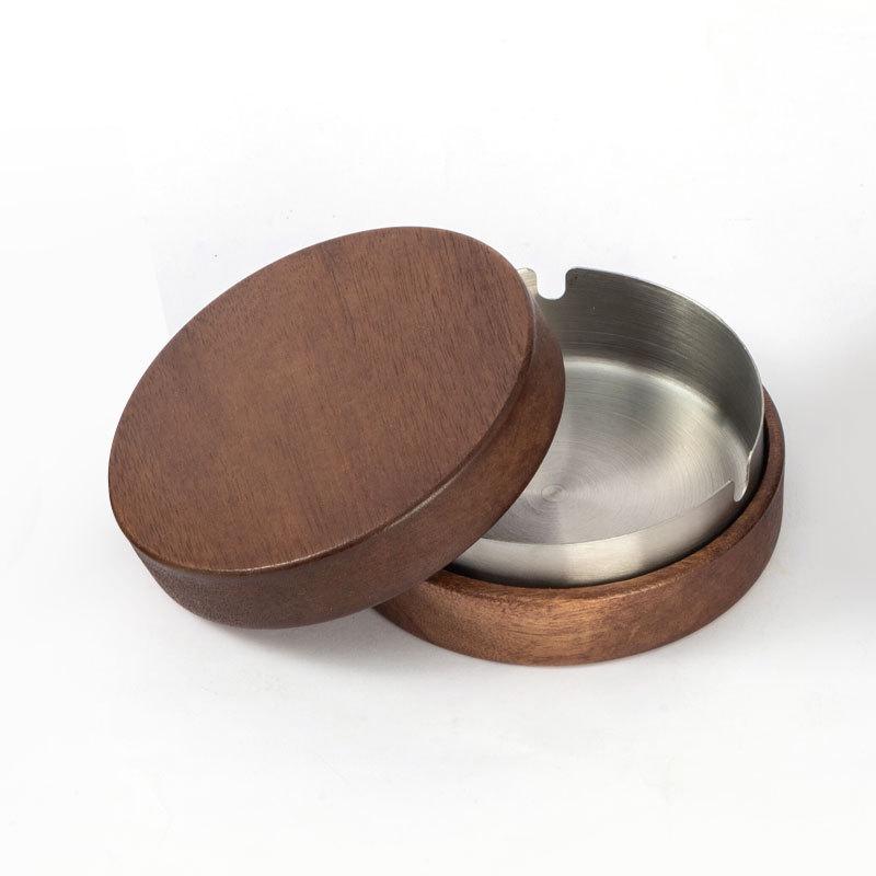 Gold-Stainless Steel Ashtray with Lid, Solid Wood Base – Anti-Ash Design for Home and Office, Ideal Gift.