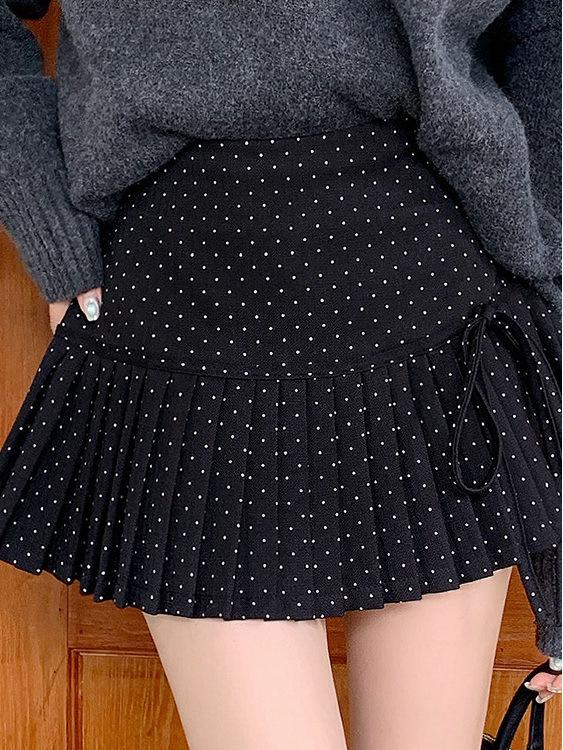 Gonna corta a ruota da donna a vita alta con pois rossi e fiocco, Nuovo stile Autunno/Inverno 2025