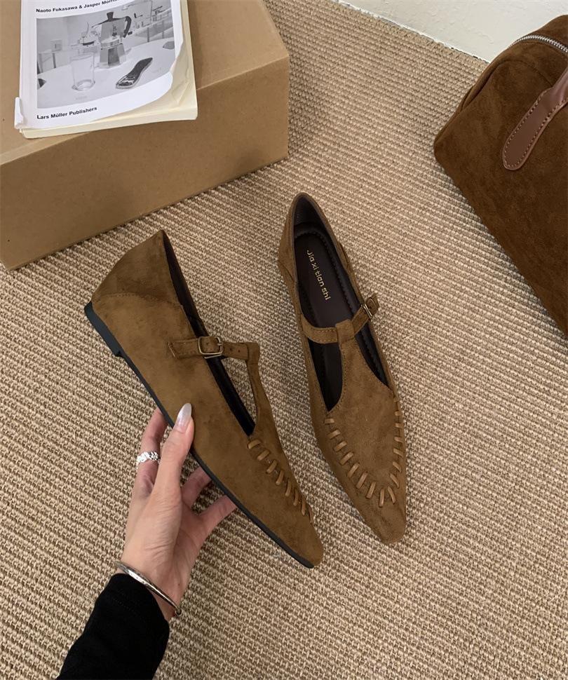 

Ретро туфли Мэри Джейн женские 2025 осень новые универсальные мягкие замшевые на внутренней платформе с острым носком одинарные туфли ленивые туфли 39 светло-коричневого