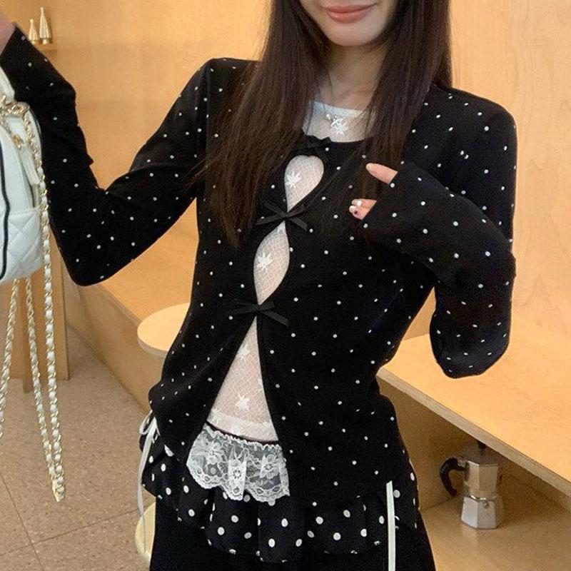 Korean Polka Dot Slim Lace Slim T-shirts Female Clothing Fake Two Pieces Tops Spring Autumn Long Sleeve Sweet Bow Pullovers