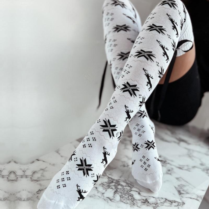Women Christmas Snowflake Knitted Thigh High Stockings with Ribbon Bows Festival Over Knee Long Boot Socks Leg Warmers