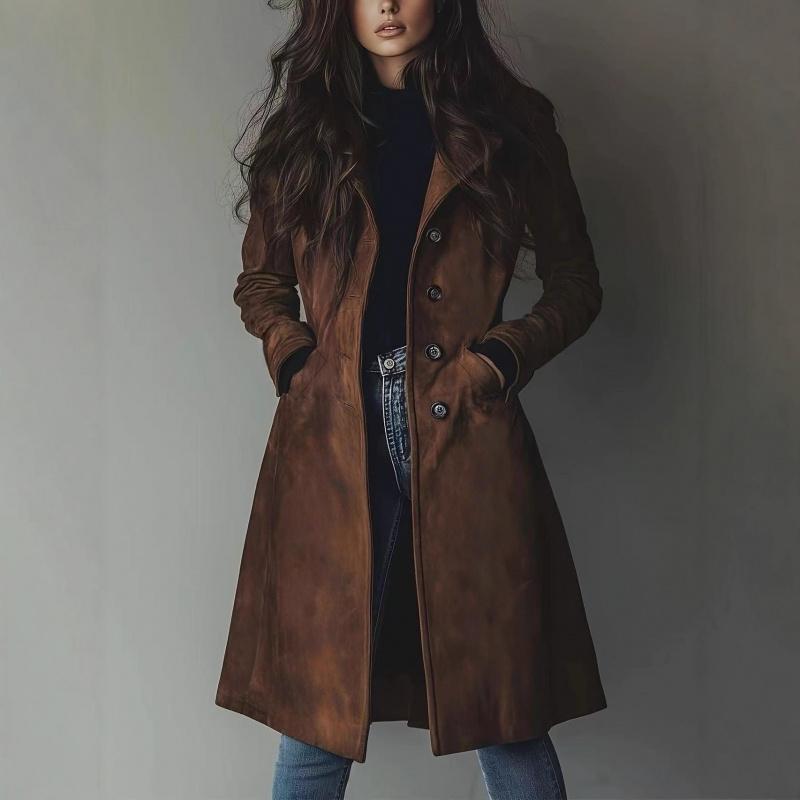2026 High-Quality Women's Fall/Winter Coat with Turn-Down Collar and Suede Fabric, Long Trench Coat