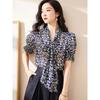 Women Short Sleeve Top New Summer French Style Floral Tie Bow Loose Bubble Sleeve Chiffon Blouse
