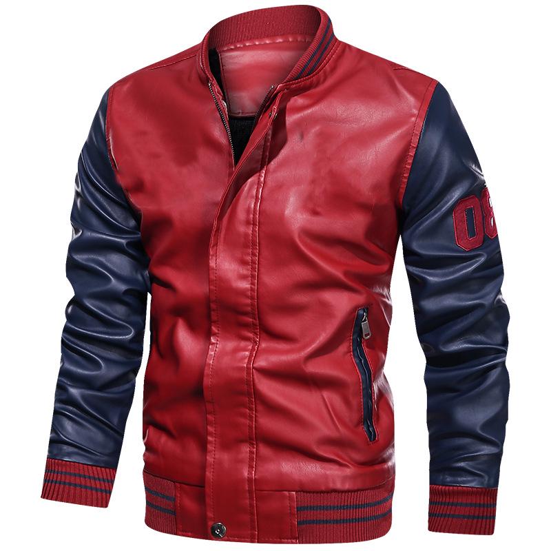 Men's Casual PU Leather Jacket with Fleece Lining - Baseball Style, Stand-Up Collar, Plain Design with Print