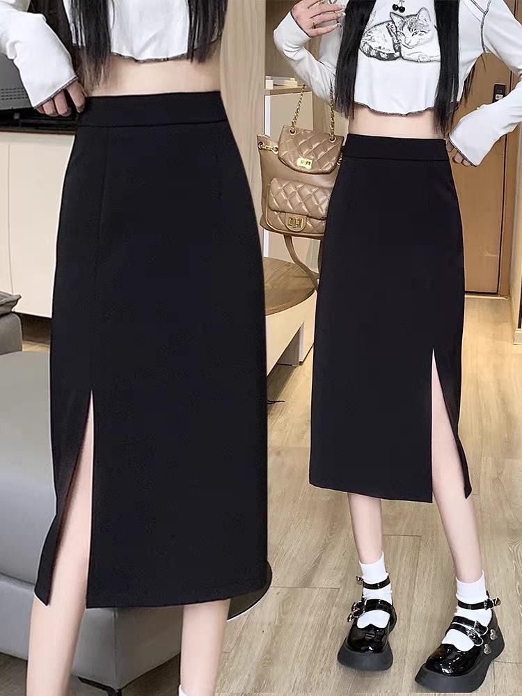 2024 Women's High Waist Black Midi Skirt: Summer Bodycon Slit, A-Line Maxi, Trendy Mid-Length