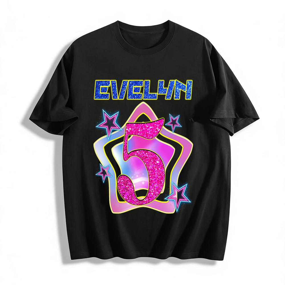 Evelyn 5th Birthday Sparkle Star Print T-Shirt Girls Birthday Party Celebration Top Pure cotton T-shirt XXS