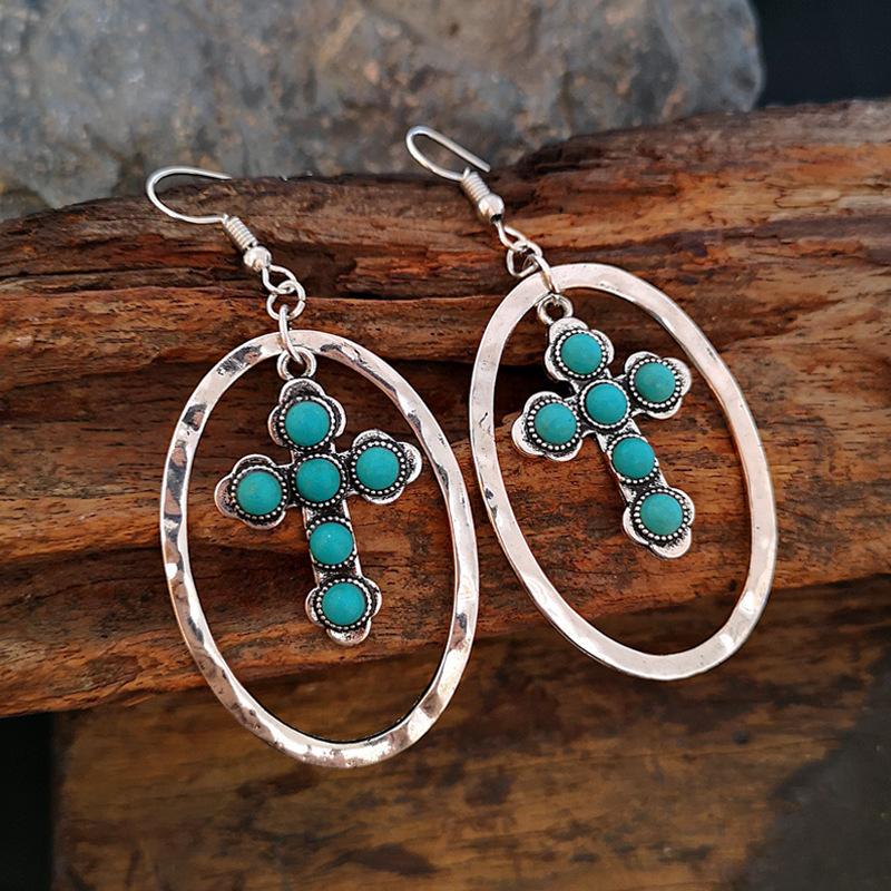 Vintage Turquoise Cross Droplet Silver Earrings Earrings