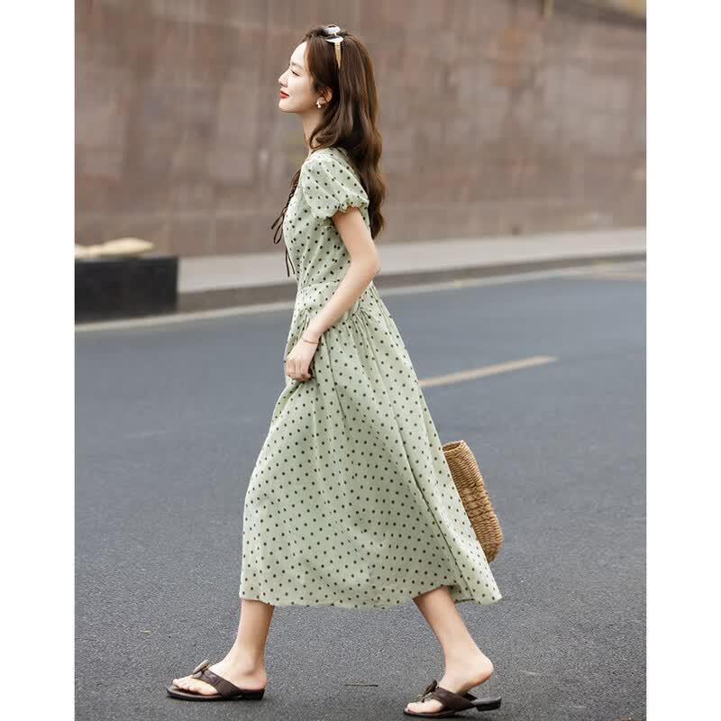 Sweet Polka Dot V-neck Puff Sleeve Midi Dress XL