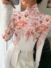 Women's Elegant Art Print High-neck Long-sleeve Top, Floral Print, Slim Fit, Elegant and Versatile, Fashionable for Everyday Wear