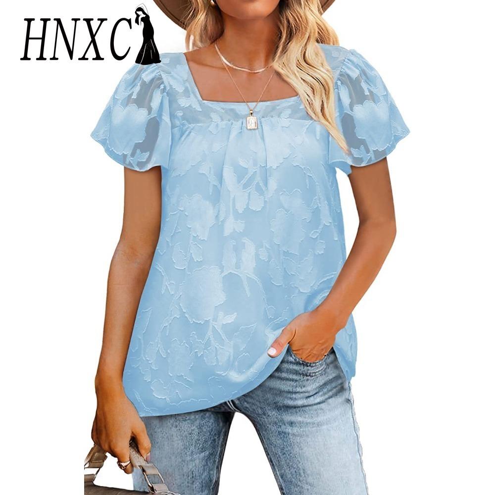 

HNXC женские модные повседневные летние однотонные блузки и рубашки с короткими рукавами и квадратным воротником с принтом