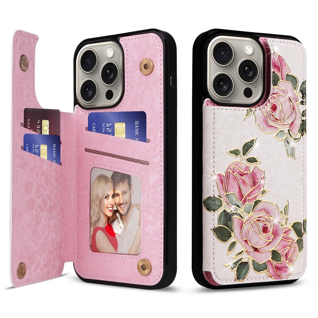 Husă tip portofel cu model floral aurit și cataramă dublă, cu sloturi pentru carduri pentru iPhone 16 15 14 13 12 11 Pro Max XR 7 8 SE, husă flip din piele PU cu protecție RFID împotriva furtului