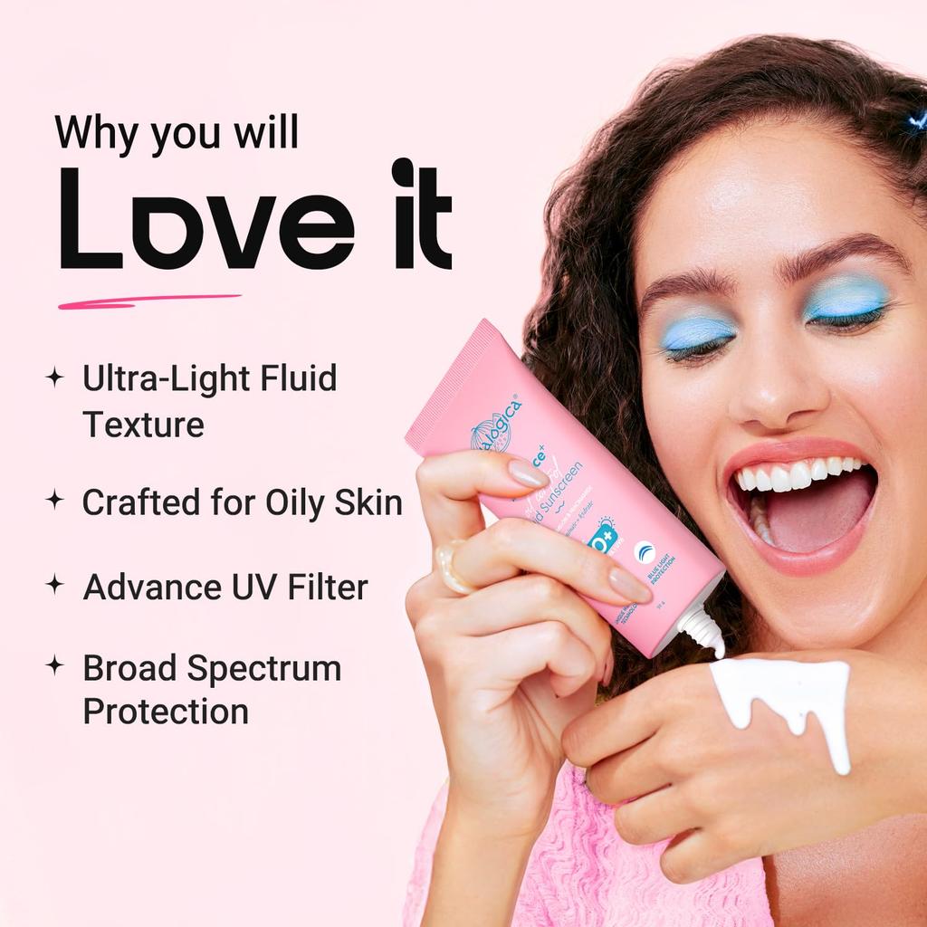 Aqualogica Radiance+ Oil Control Fluid Sunscreen for Oily Skin - 50g | Ultra-Light Fluid Texture | SPF 50+ PA++++ UVA, B & Blue Light Protection