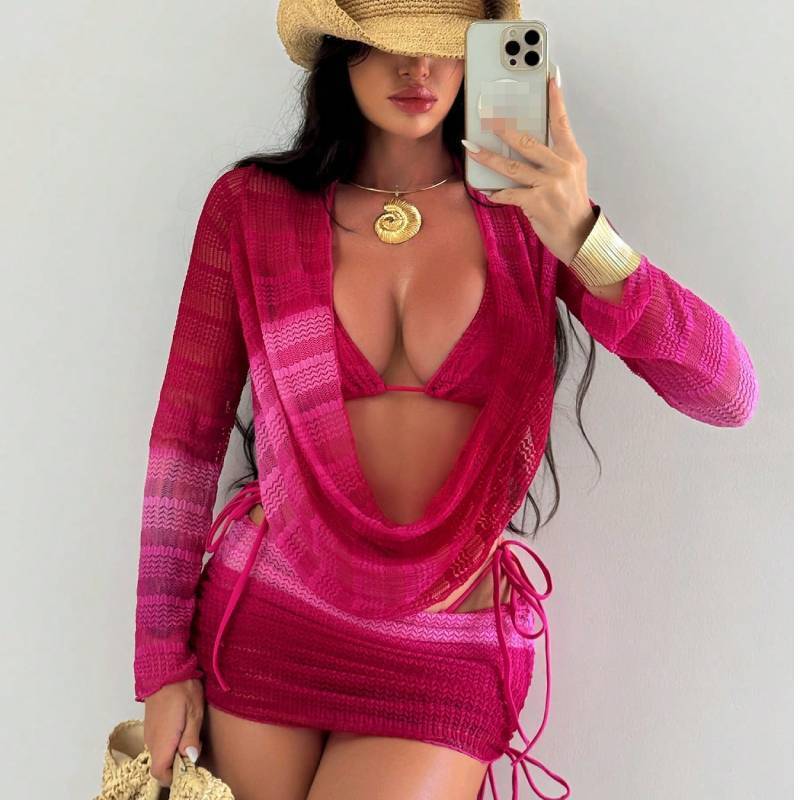 Womens Swimwear Set With Sheer Mesh Long Sleeve Coverup Bikini 4piece For Beach Relaxation