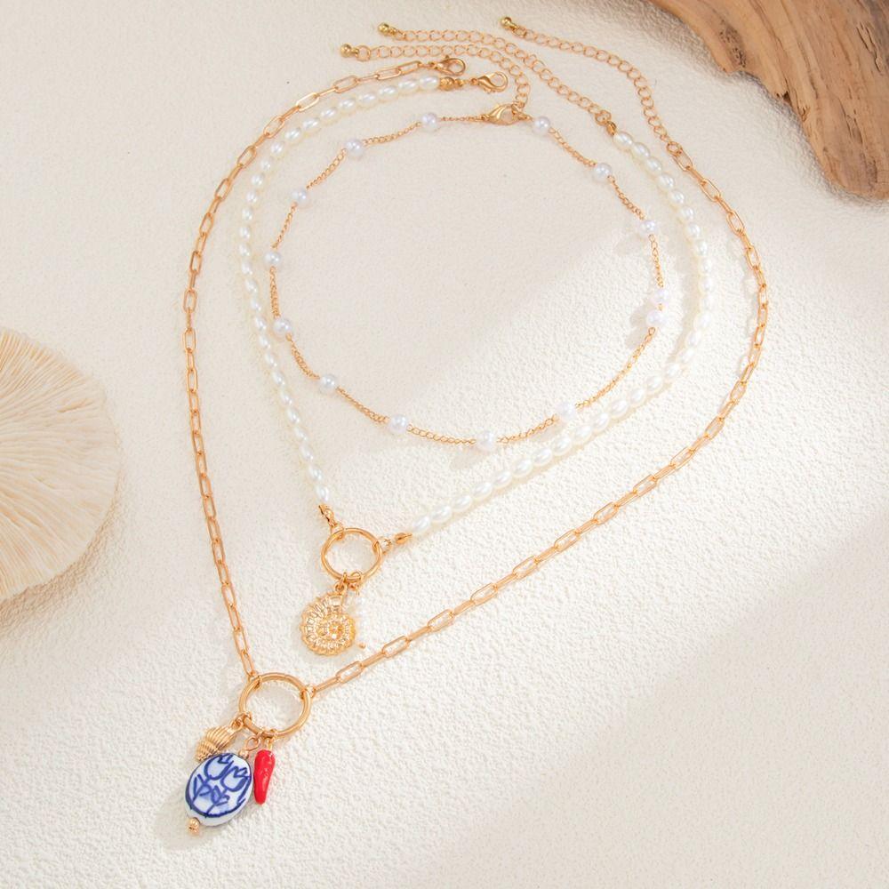 3pcs/set Trendy Multilayer Pearl Necklace Bohemian Style Starfish Choker Conch Clavicle Chain  Women